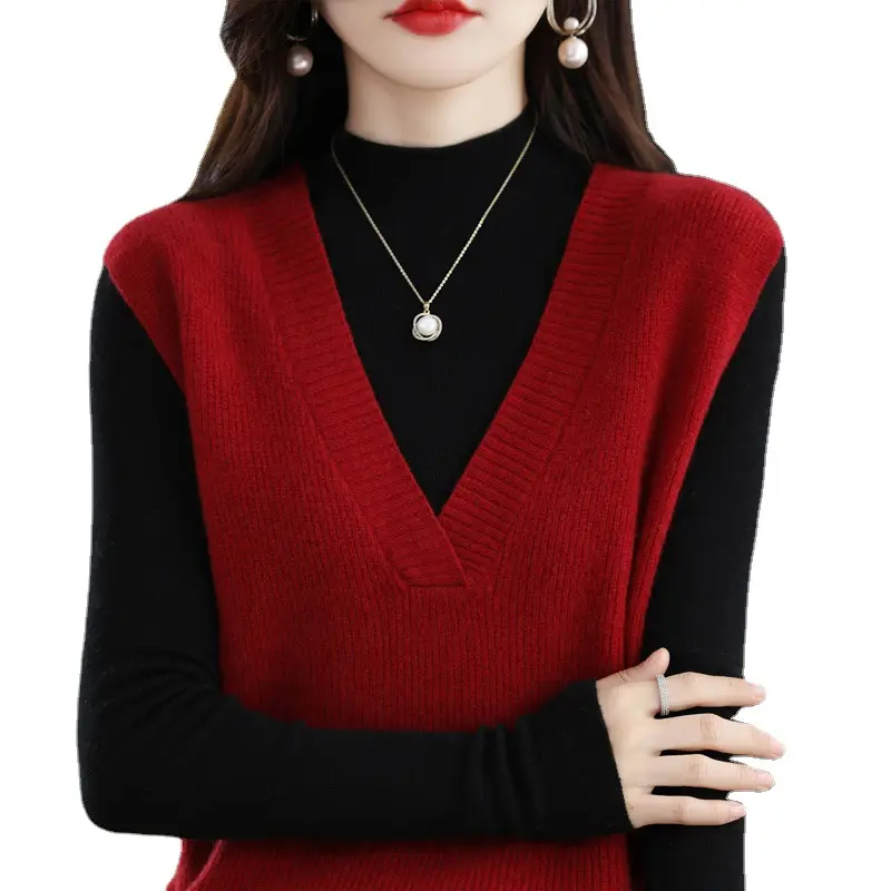 Red V-Neck Sleeveless Knitted Sweater Vest - Image 7