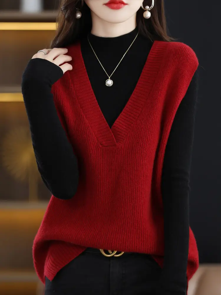 Red V-Neck Sleeveless Knitted Sweater Vest — feature 10