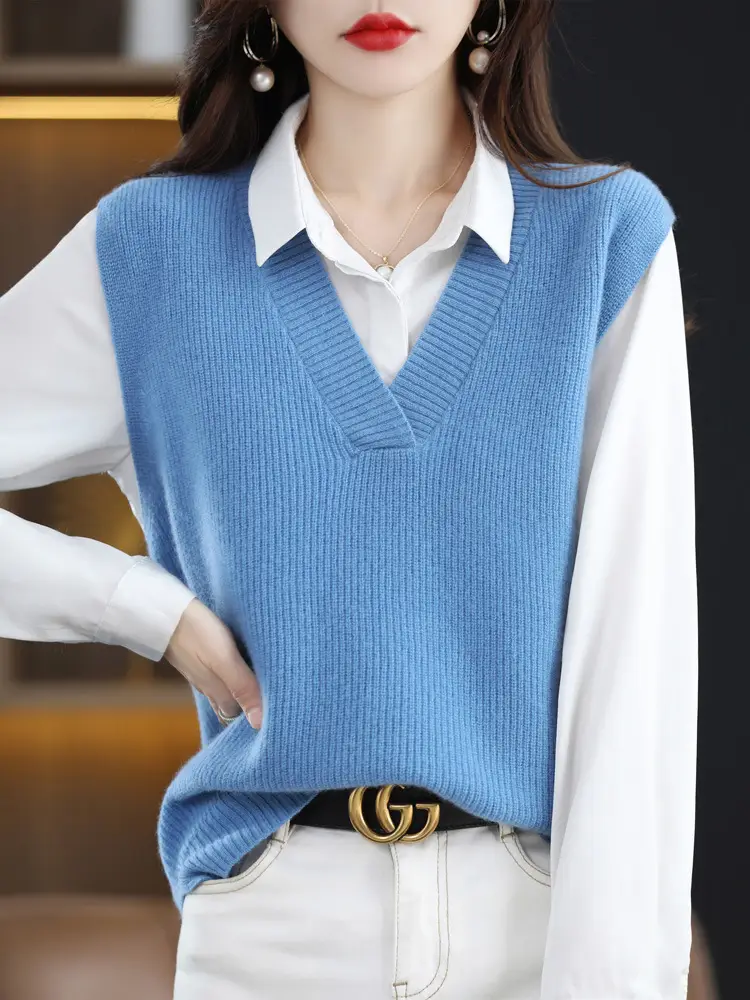 Red V-Neck Sleeveless Knitted Sweater Vest — feature 3