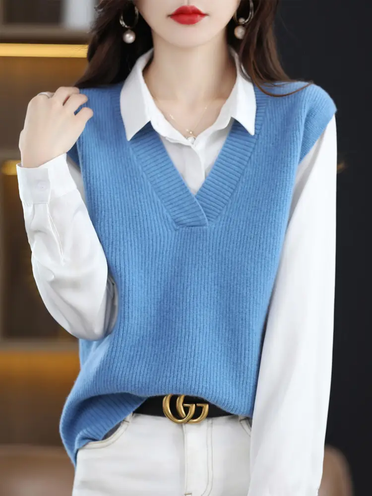 Red V-Neck Sleeveless Knitted Sweater Vest — feature 4