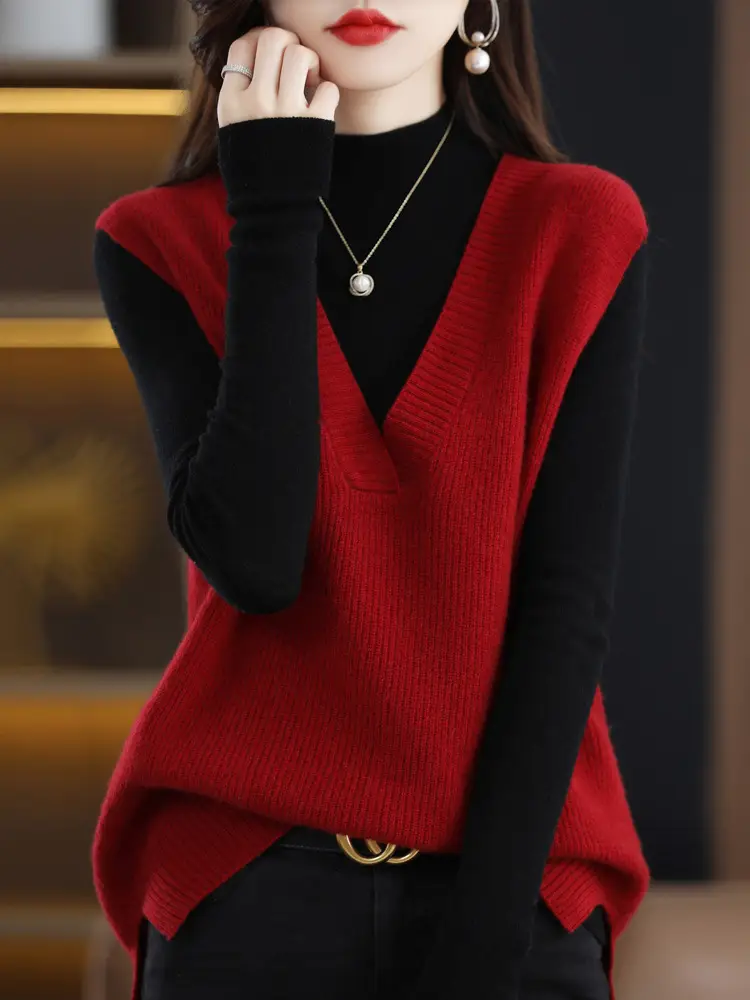 Red V-Neck Sleeveless Knitted Sweater Vest — feature 9