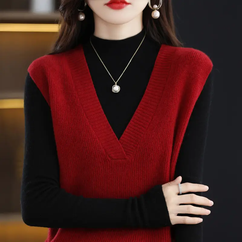 Red V-Neck Sleeveless Knitted Sweater Vest - Image 6