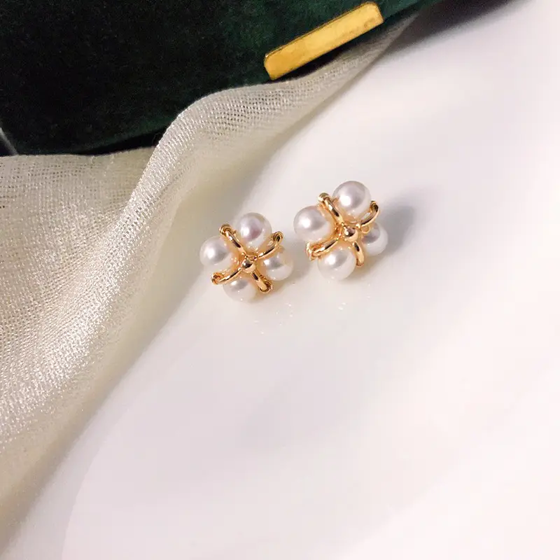 French Pearl Earrings 14K Gold Four Leaf Clover Commuter Women - Image 2