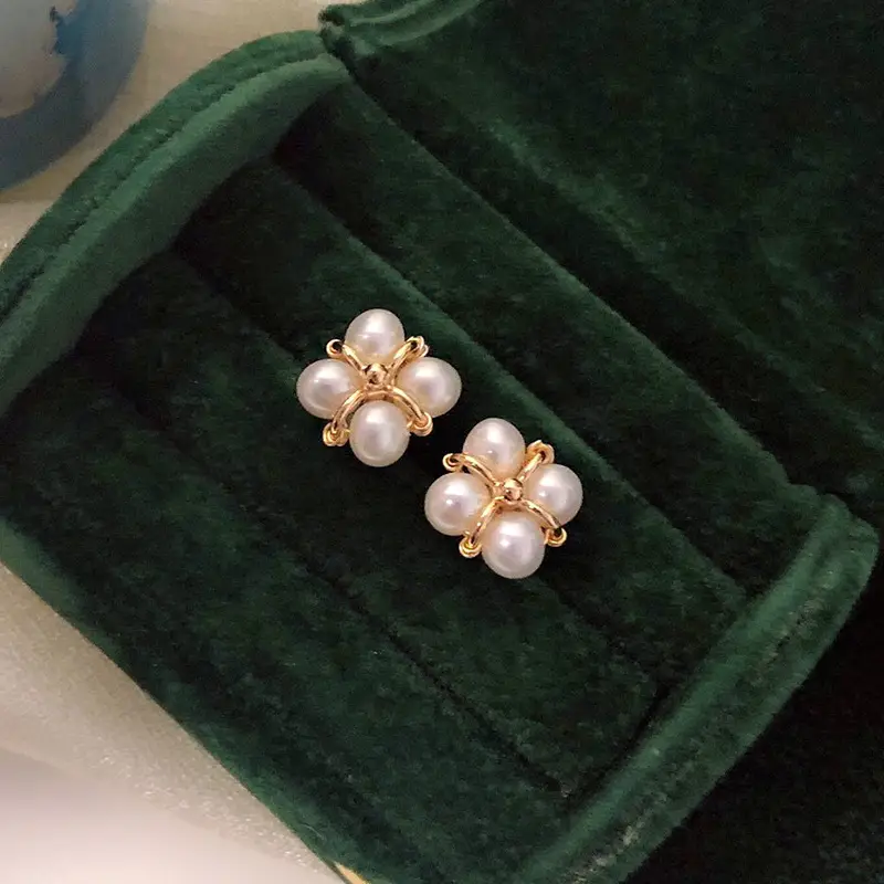 French Pearl Earrings 14K Gold Four Leaf Clover Commuter Women - Image 4