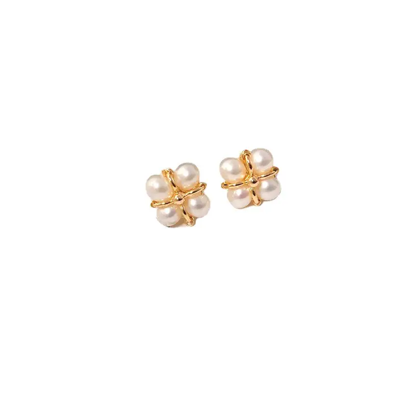 French Pearl Earrings 14K Gold Four Leaf Clover Commuter Women - Image 5