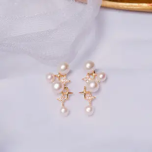 French Pearl Earrings 14K Gold Four Leaf Clover Commuter Women — feature 9