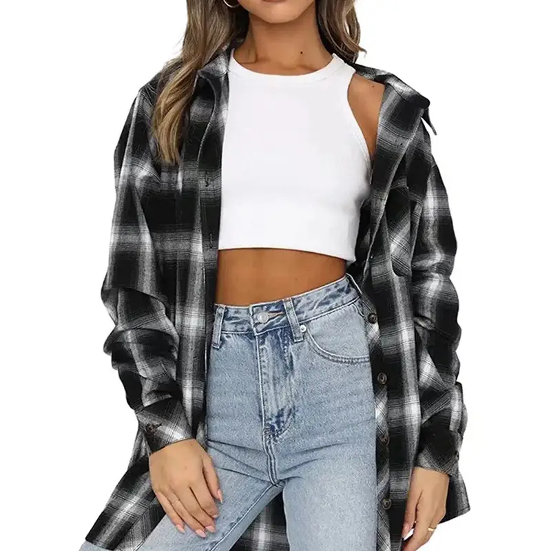 Women's Blue Plaid Long Sleeve Shirt 2023 - Image 13