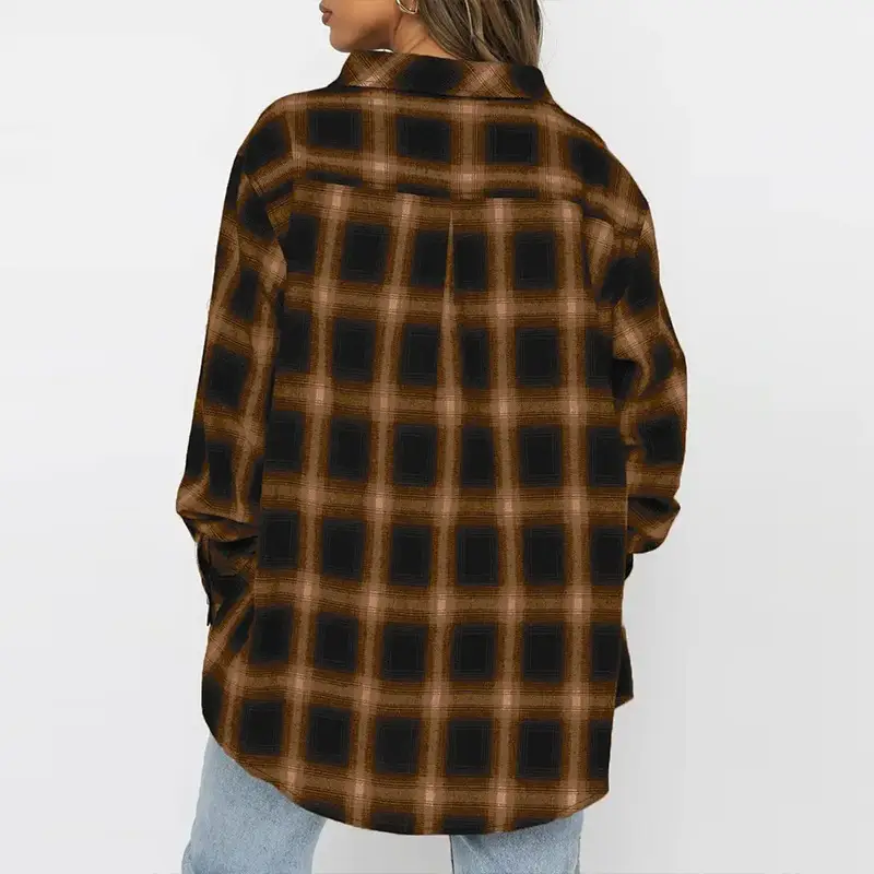 Women's Blue Plaid Long Sleeve Shirt 2023 - Image 15