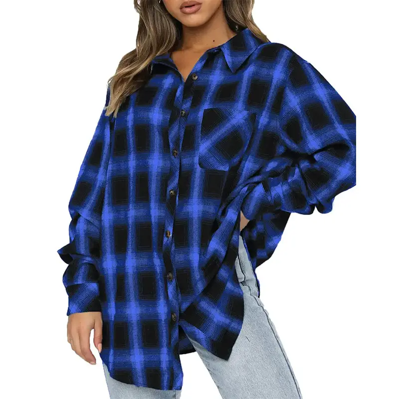 Women's Blue Plaid Long Sleeve Shirt 2023 - Image 16