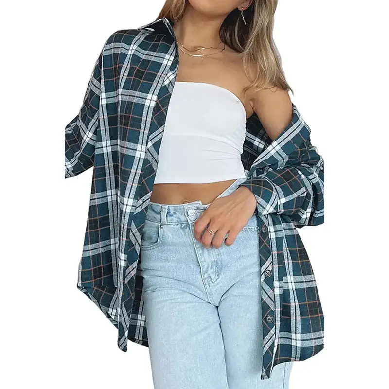 Women's Blue Plaid Long Sleeve Shirt 2023 - Image 10