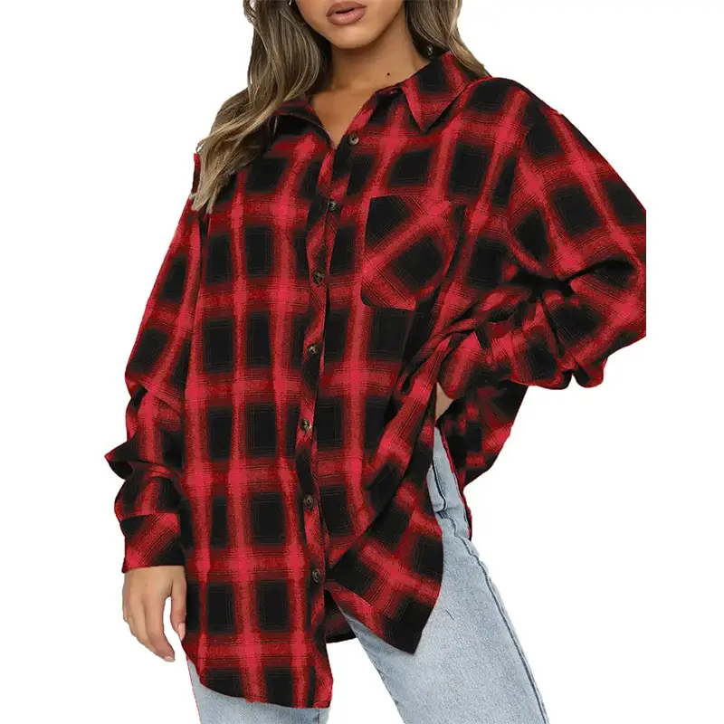 Women's Blue Plaid Long Sleeve Shirt 2023 - Image 11