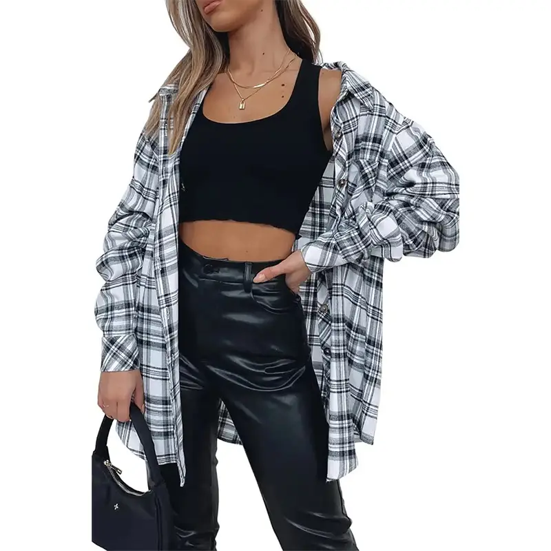 Women's Blue Plaid Long Sleeve Shirt 2023 - Image 3