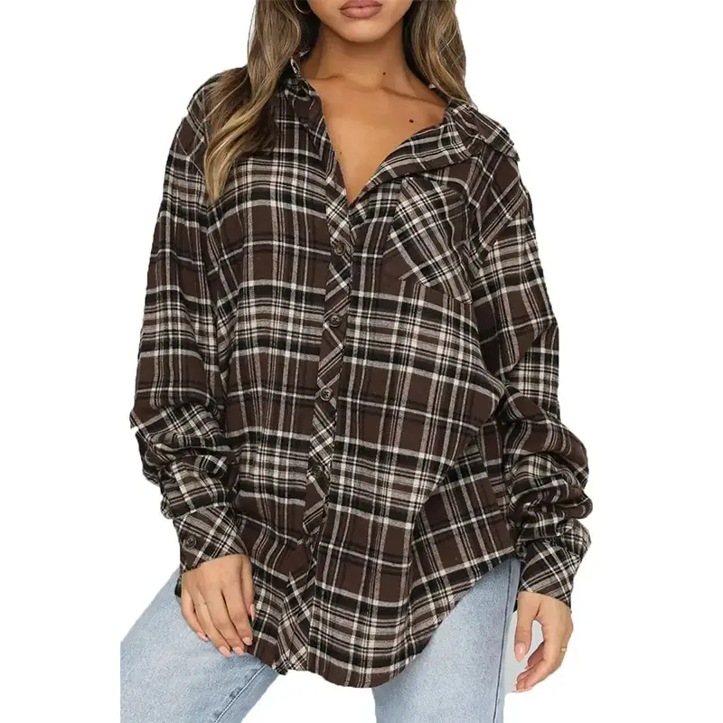 Women's Blue Plaid Long Sleeve Shirt 2023 - Image 4