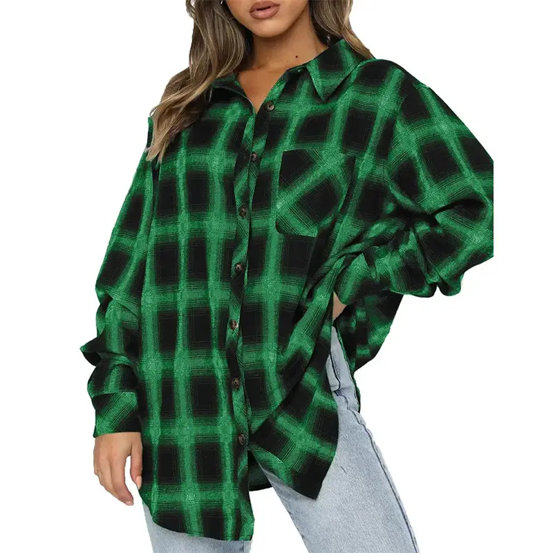 Women's Blue Plaid Long Sleeve Shirt 2023 - Image 7