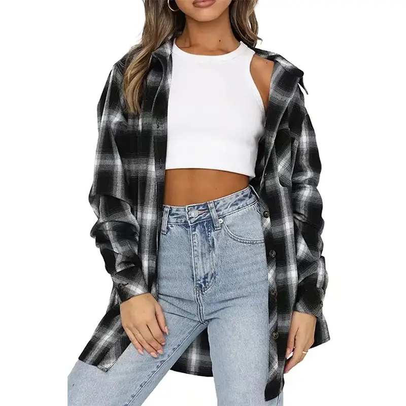 Women's Blue Plaid Long Sleeve Shirt 2023 - Image 9