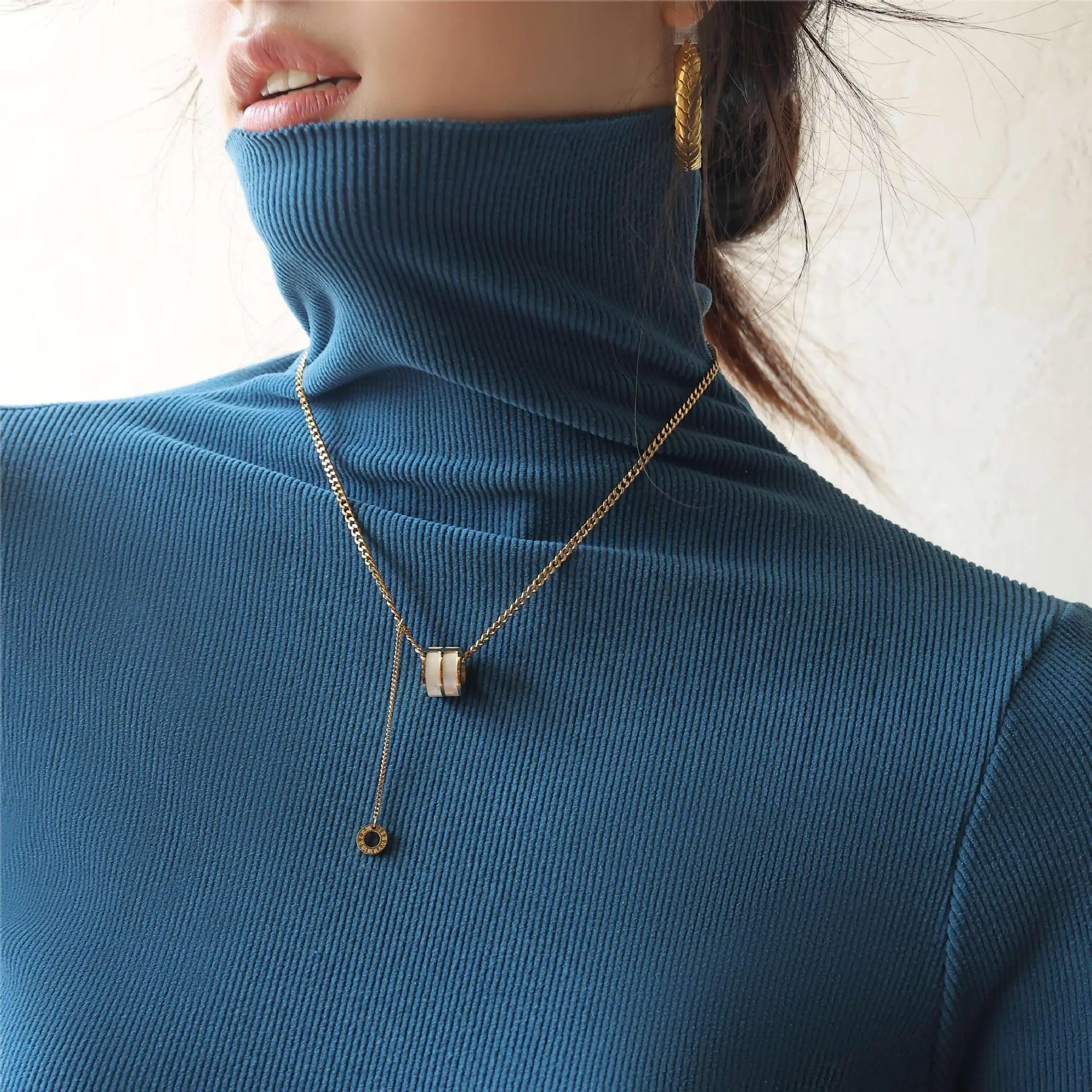 Women's High Collar German Velvet Shirt White Autumn Winter - Image 4