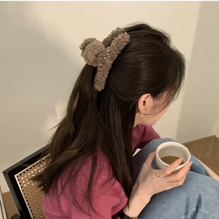Black Wool Hair Clip for Women 14cm Winter Warm