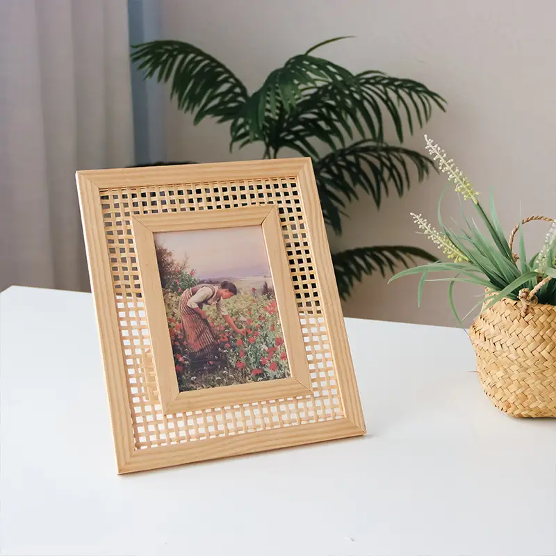 Nordic Style Pine Wood Photo Frame, Handmade Bamboo Woven Rectangular Picture Frame, Home Wall Hanging Decoration, Bedside Table Photo Frame