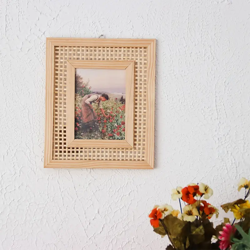 Nordic Style Pine Wood Photo Frame, Handmade Bamboo Woven Rectangular Picture Frame, Home Wall Hanging Decoration, Bedside Table Photo Frame