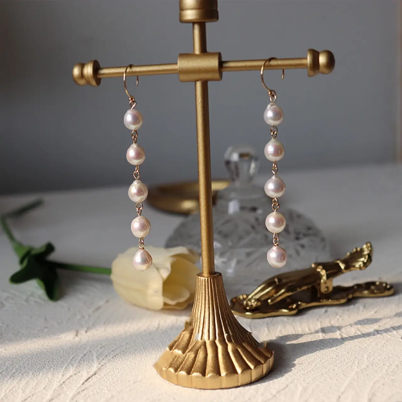 Pearl French Tassel Earrings 14K Gold Handmade - Image 2