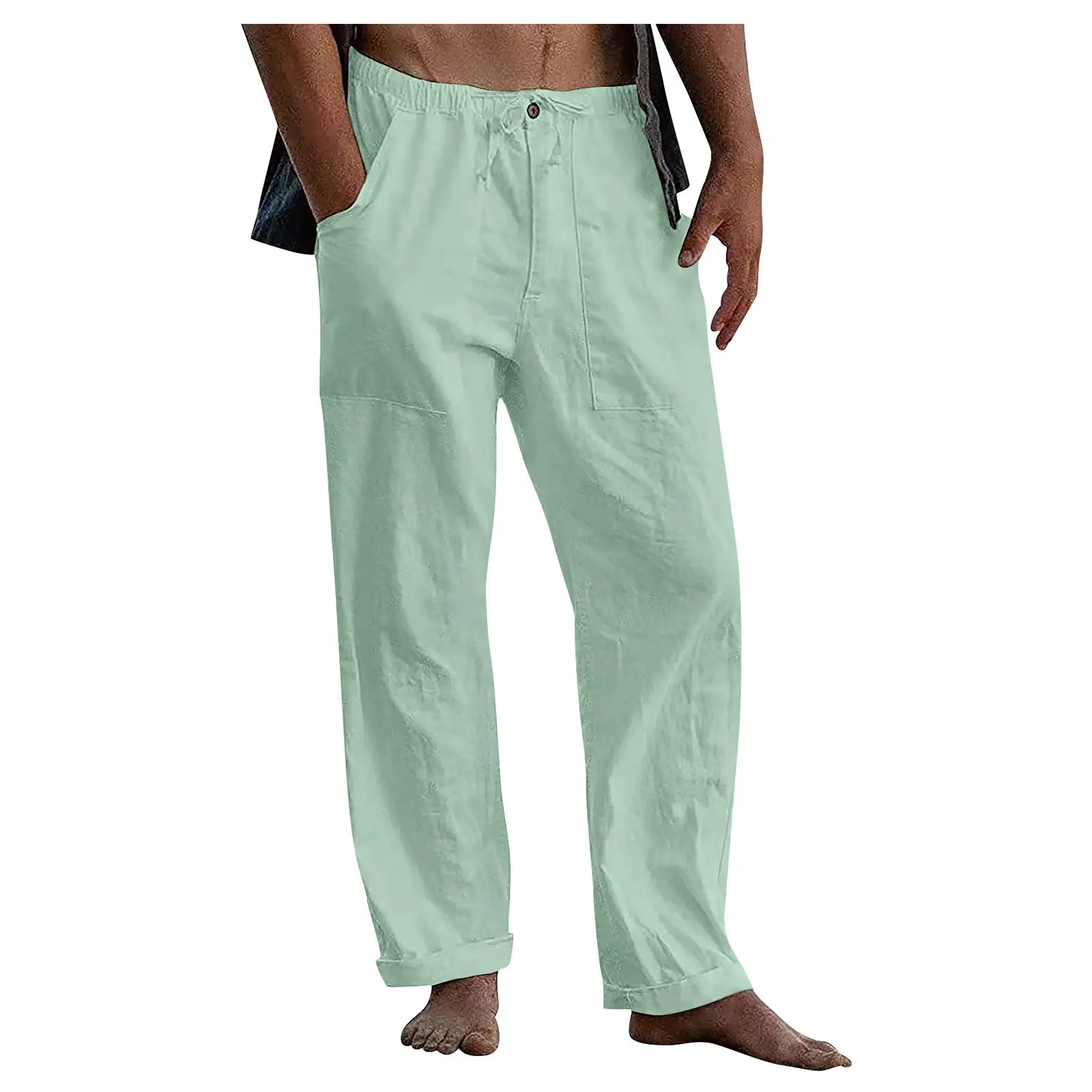 Men Linen Trousers Yoga Beach Loose Summer Waist Drawstring - Image 13