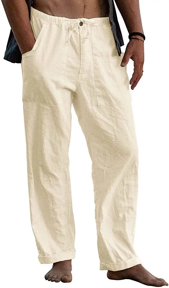 Men Linen Trousers Yoga Beach Loose Summer Waist Drawstring - Image 2
