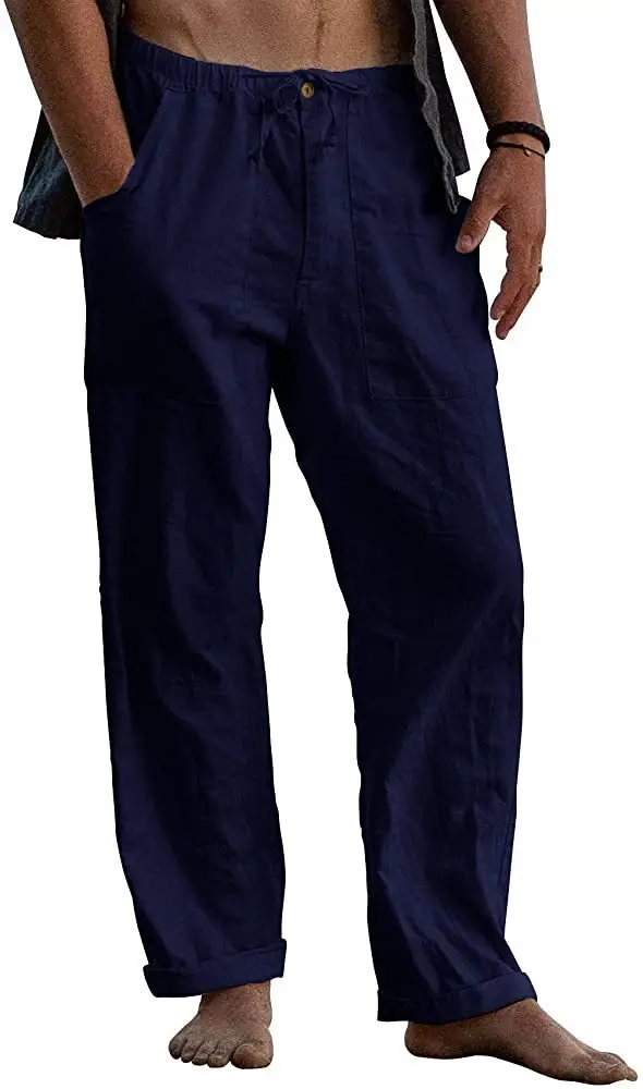 Men Linen Trousers Yoga Beach Loose Summer Waist Drawstring - Image 4