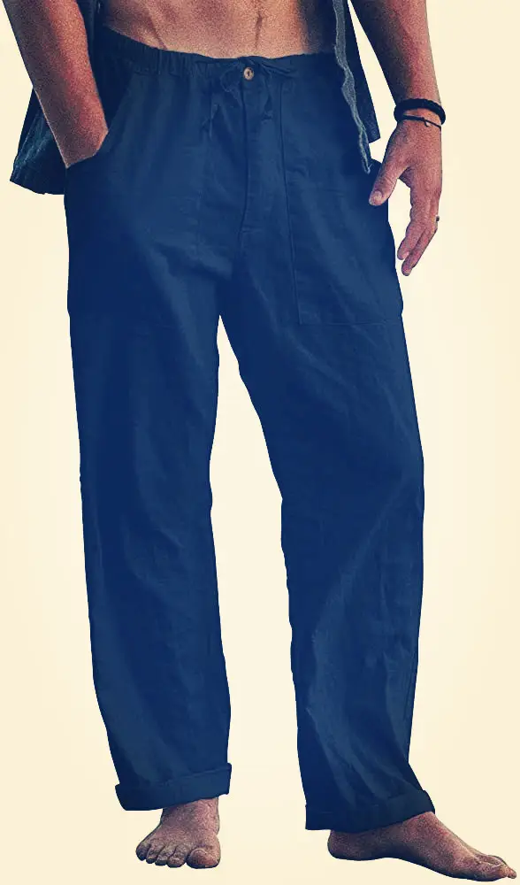 Men Linen Trousers Yoga Beach Loose Summer Waist Drawstring - Image 9