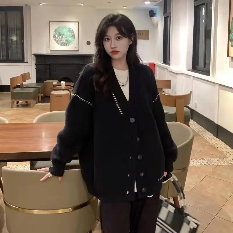 Women V-neck Sweater Coat Black All-match College Style