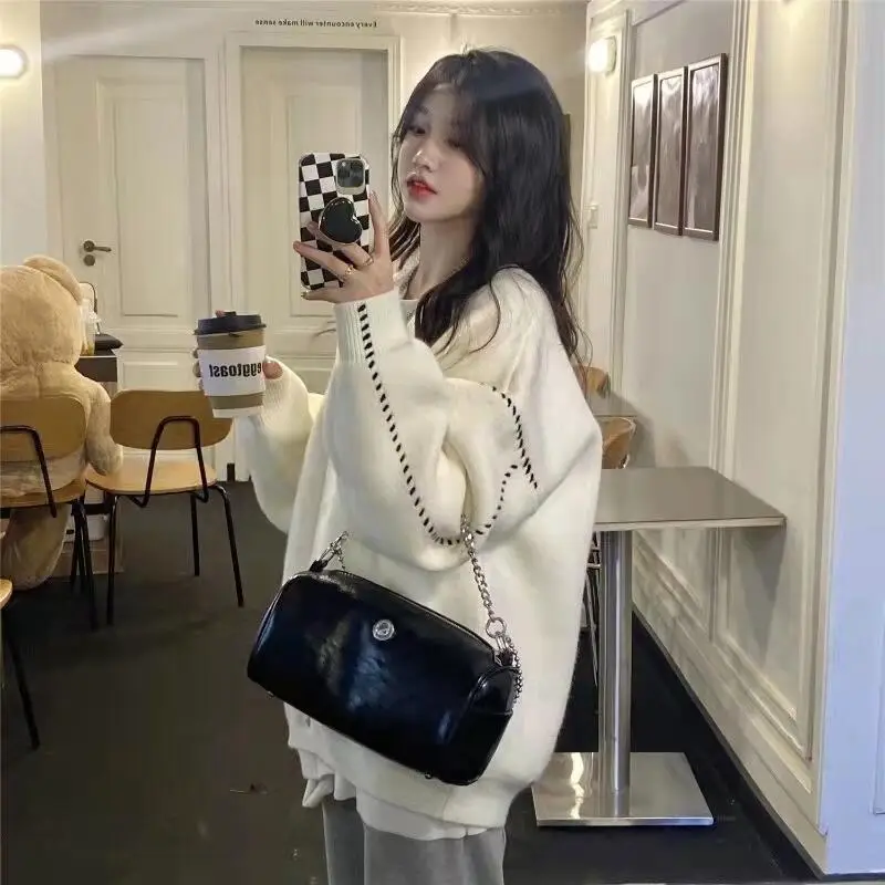 Women V-neck Sweater Coat Black All-match College Style