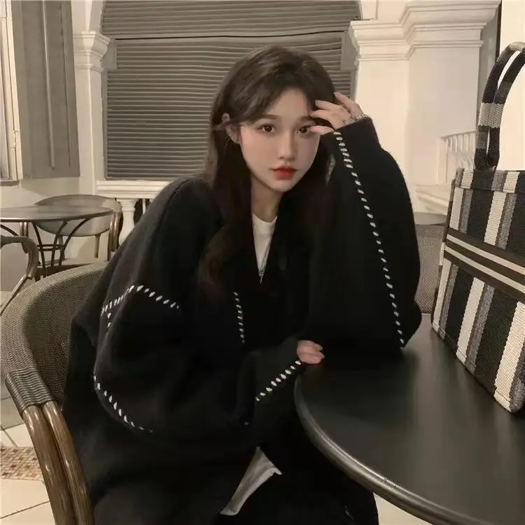Women V-neck Sweater Coat Black All-match College Style
