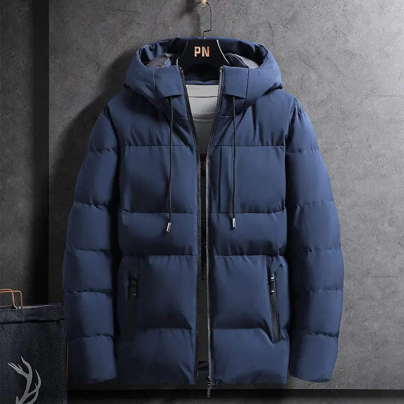 Men Hooded Puffer Coat Blue Winter Cotton Padded