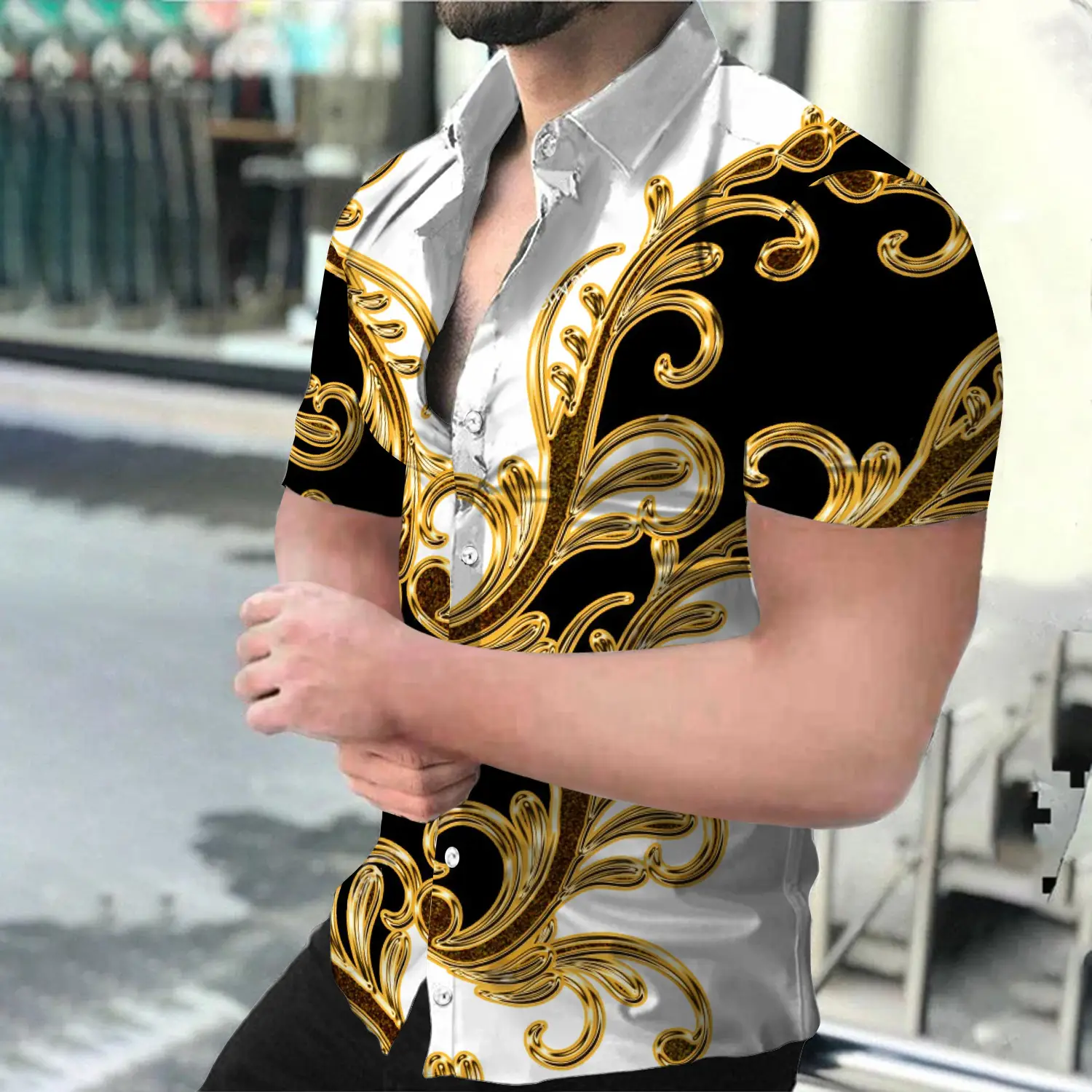 3D Printed Flame Shirt for Men Blue Paisley Pattern - Image 17
