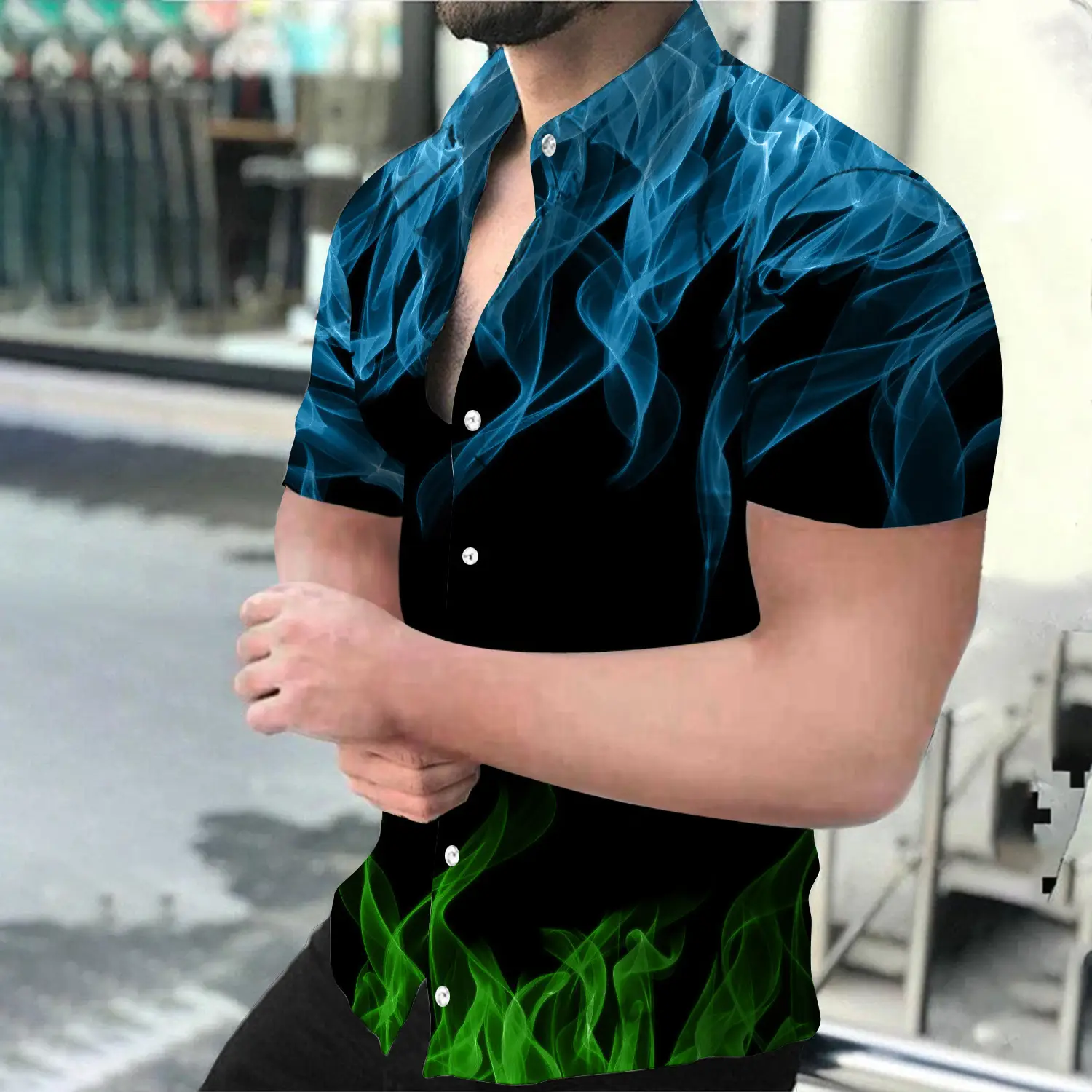 3D Printed Flame Shirt for Men Blue Paisley Pattern - Image 7