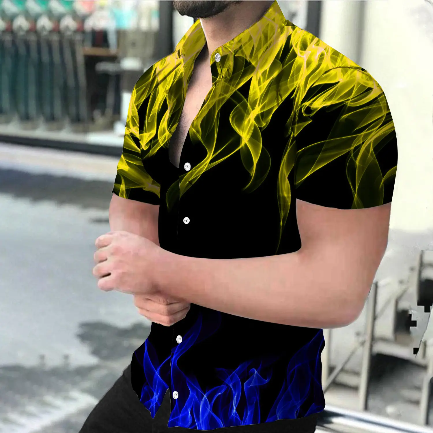 3D Printed Flame Shirt for Men Blue Paisley Pattern - Image 8
