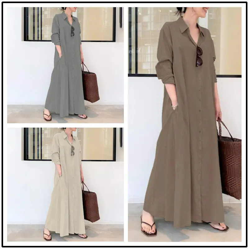 Blue Lapel Long Sleeve Loose Dress for Women - Image 15
