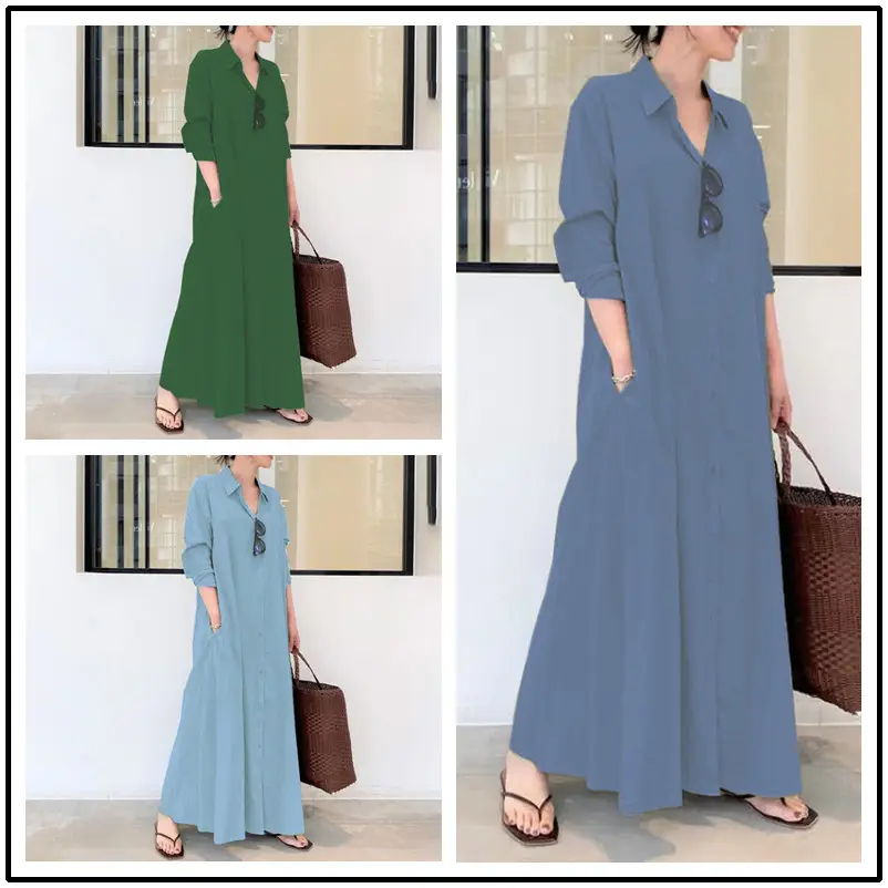 Blue Lapel Long Sleeve Loose Dress for Women - Image 16