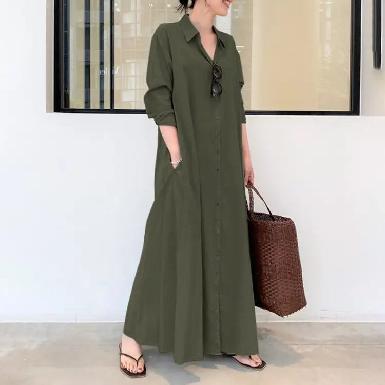 Blue Lapel Long Sleeve Loose Dress for Women - Image 11