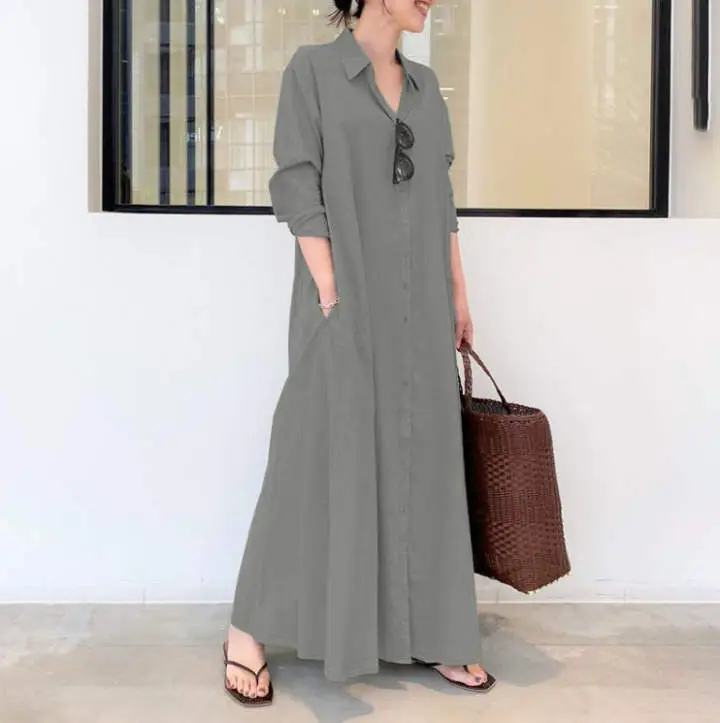 Blue Lapel Long Sleeve Loose Dress for Women - Image 2