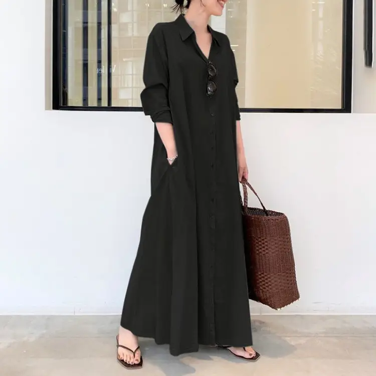Blue Lapel Long Sleeve Loose Dress for Women - Image 5
