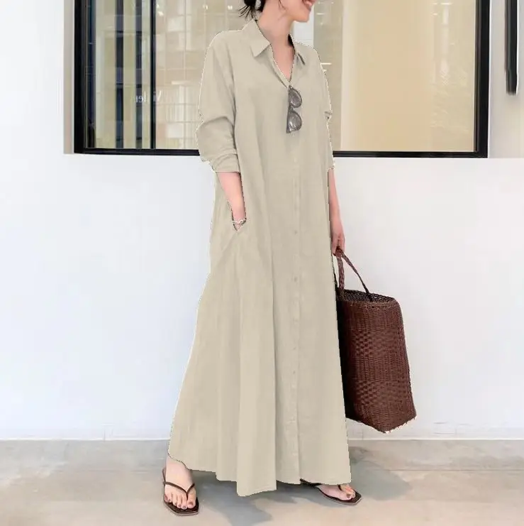 Blue Lapel Long Sleeve Loose Dress for Women - Image 7