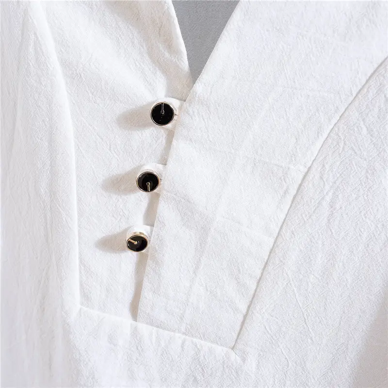 2022 Summer Cotton Linen V Neck T-Shirt Lace-Up Pants Set - Image 20