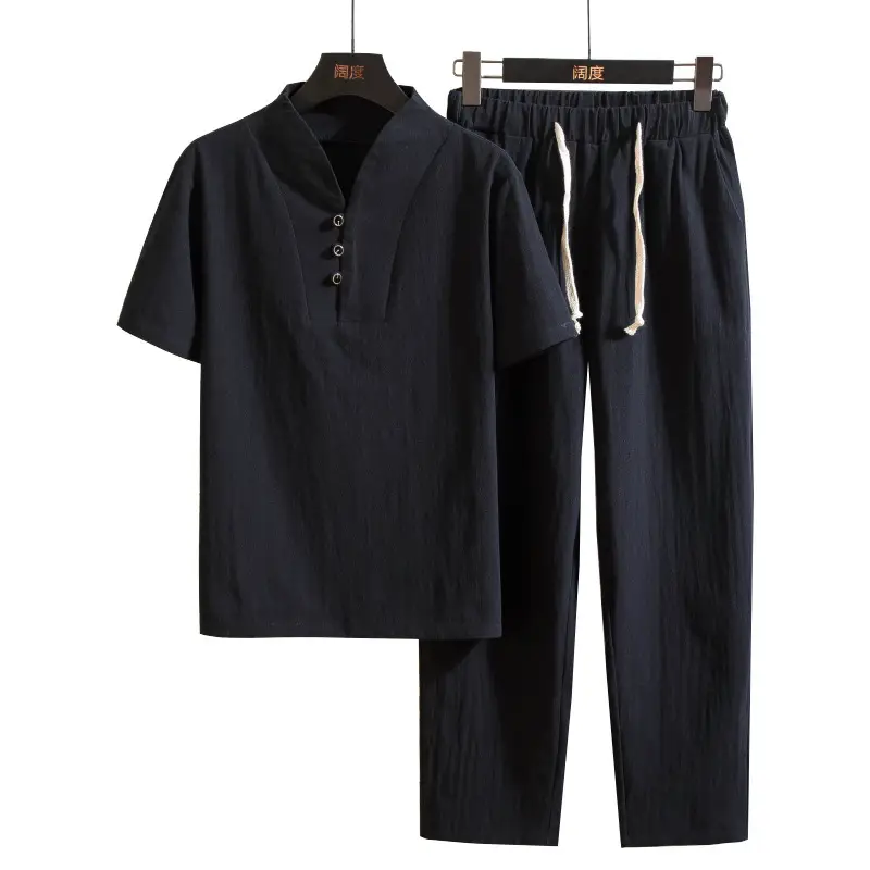 2022 Summer Cotton Linen V Neck T-Shirt Lace-Up Pants Set - Image 21