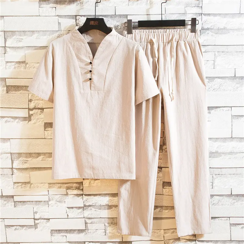 2022 Summer Cotton Linen V Neck T-Shirt Lace-Up Pants Set - Image 15