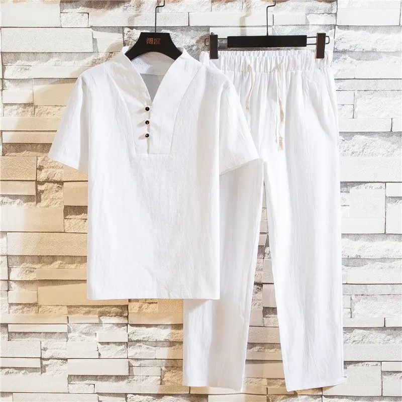 2022 Summer Cotton Linen V Neck T-Shirt Lace-Up Pants Set - Image 3