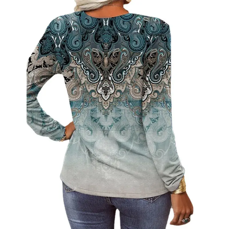 Women's Printed Long Sleeve T-Shirt White Black Floral