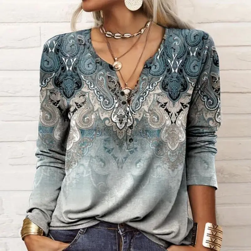 Women's Printed Long Sleeve T-Shirt White Black Floral