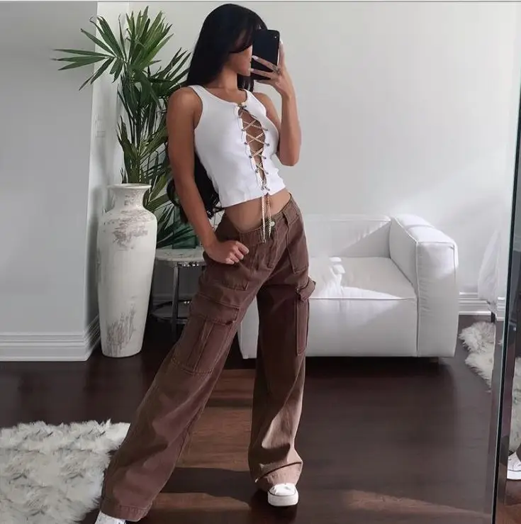 Women's Brown Cotton Mid-Waist Casual Pants with Belt - Image 2