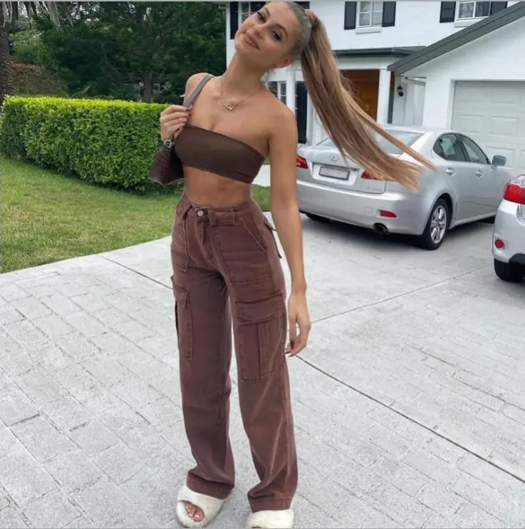 Women's Brown Cotton Mid-Waist Casual Pants with Belt - Image 3