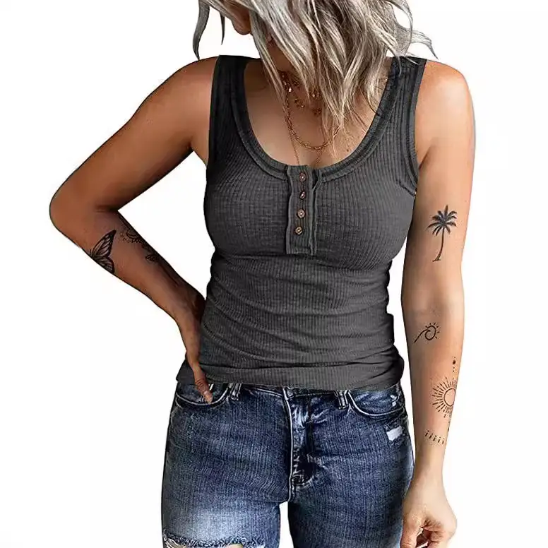 Women Button Vest Black V-Neck Long Sleeve Top - Image 10